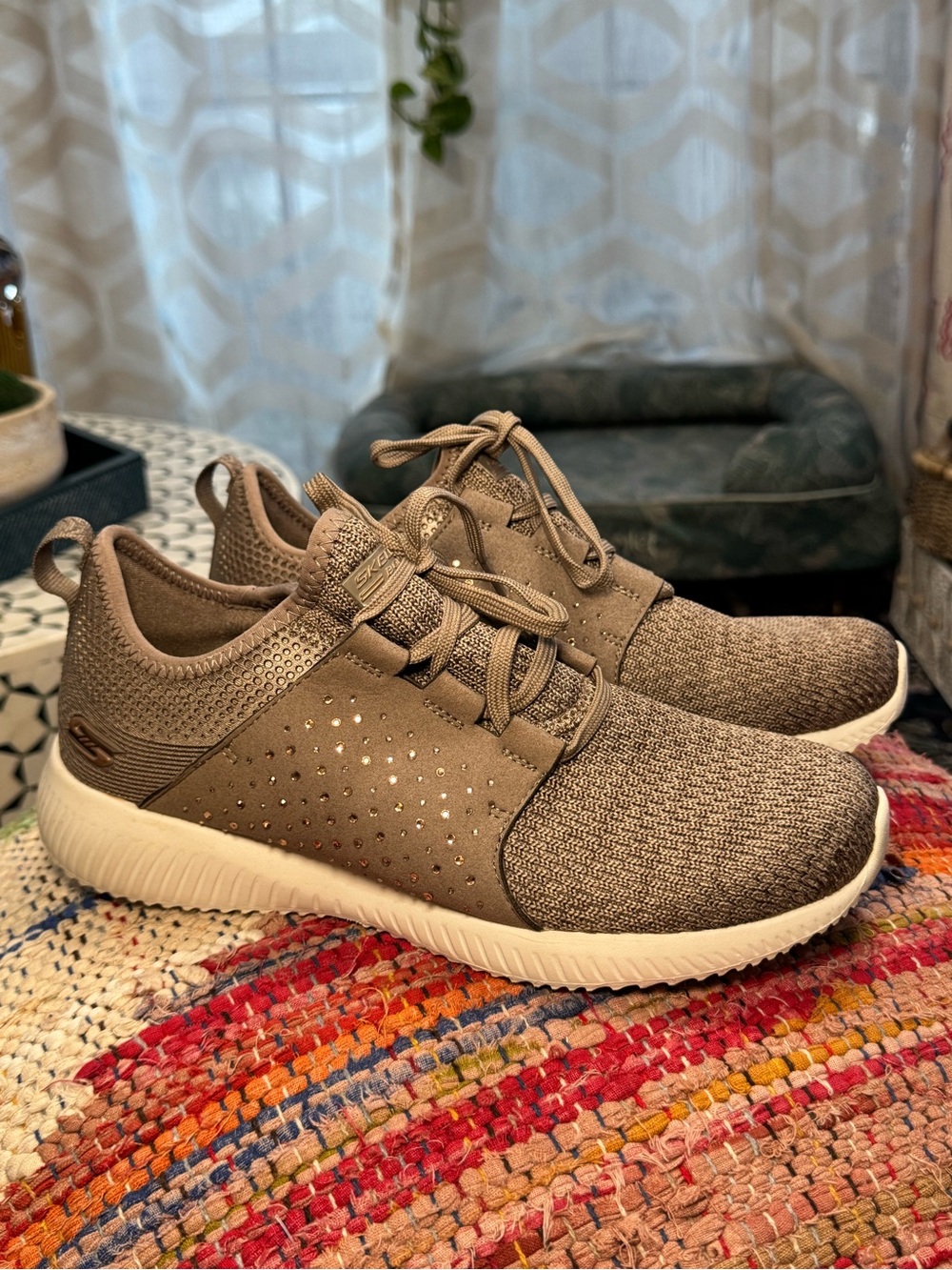 🌝Skechers Bobs Sport Squad Ninja Glam Taupe Sneakers memory foam Lace-Up Slip-on - Picture 2 of 8